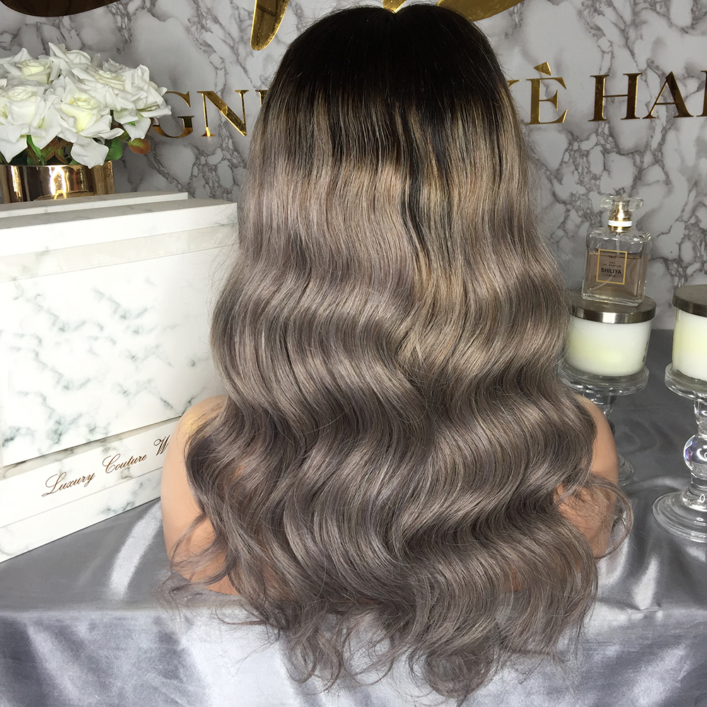 180density ombre grey Lace Front synthetic Wigs With Baby Hair Middle Ratio 13*4 body wave Lace Wig For Women Bleached Knots Pre-plucked