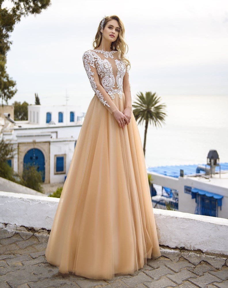 Line Bohemian A Lace Beach Wedding Dresses Sheer Bateau Neck Long Sleeves Bridal Gowns Tulle Floor Length Robe De Marie