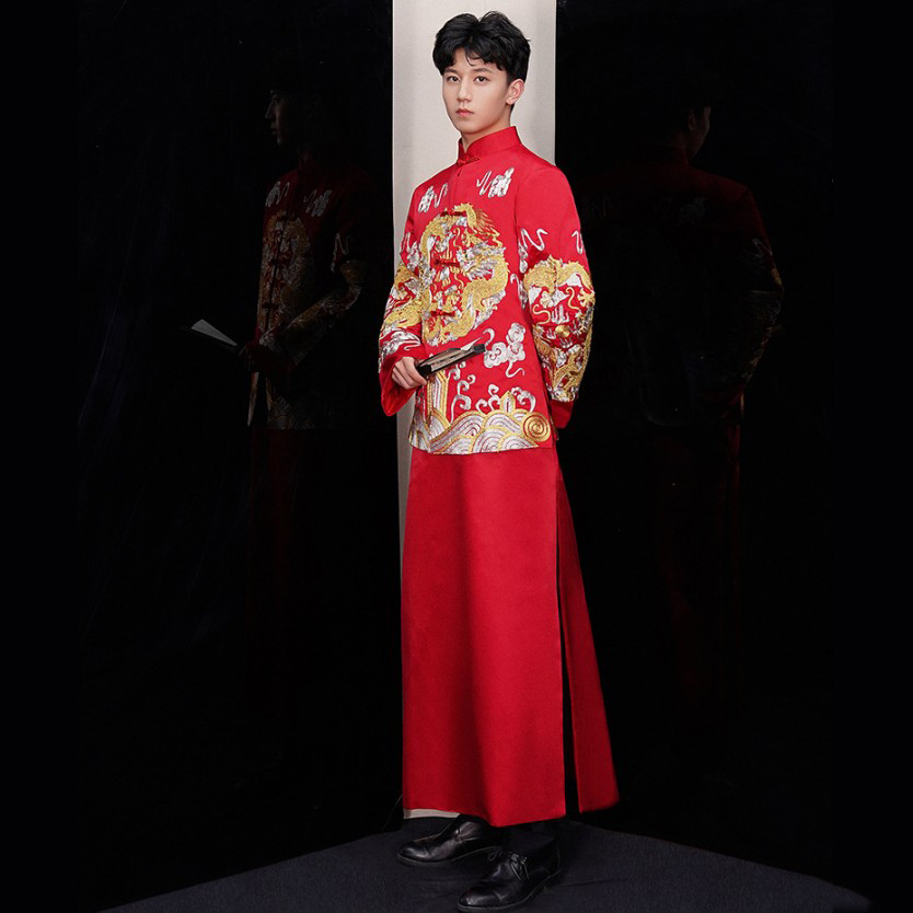 New arrival male cheongsam Chinese style costume the groom dress jacket long gown traditional Chinese wedding dress men ethnic clothing