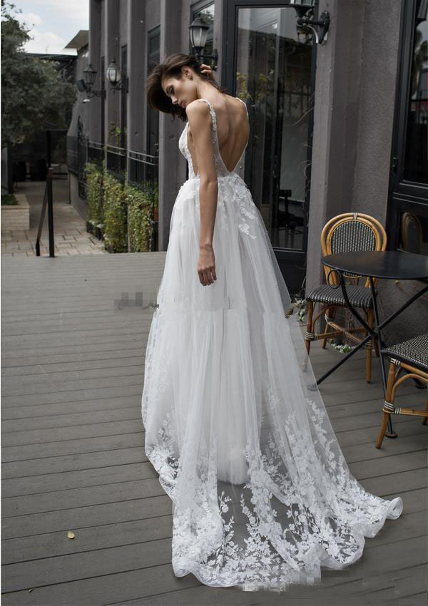 Sexy Deep V Neck Backless Wedding Dresses A Line Tulle Sweep Train with Straps Lace Applique Beach Wedding Bridal Gowns robe de mariee