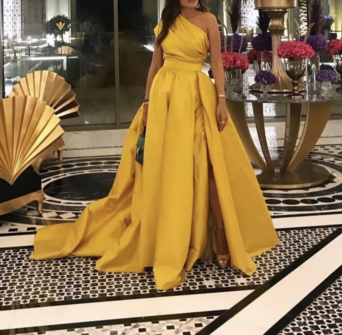 2020 Yellow Prom Dresses One Shoulder A Line Ruffles Side Split Fairy Evening Gowns Custom Made Cheap Formal Dress Party Wear