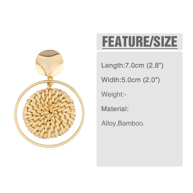 Rattan round earrings hot fashion bamboo rattan woven earrings ladies handmade round long pendant earrings ladies gifts