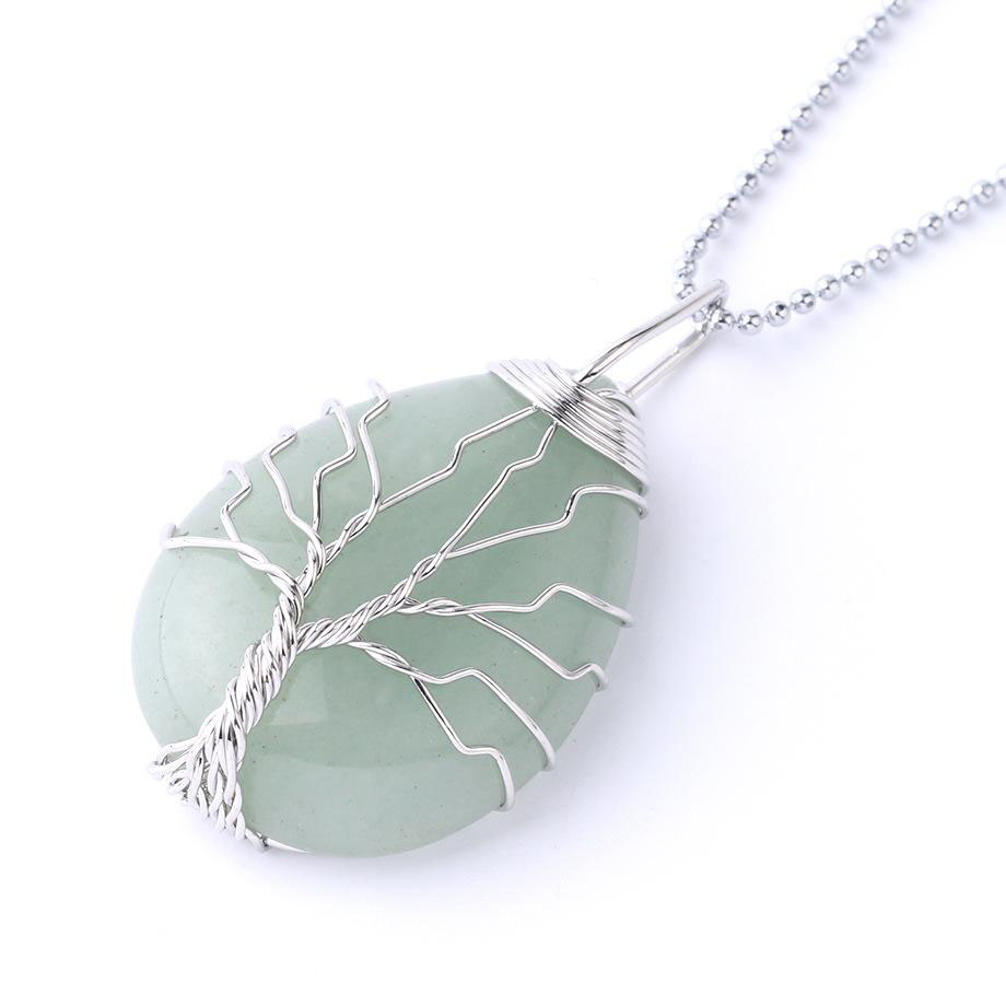 Natural Gemstone Crystal Pendant Necklaces for Men Women Rose Quartz Tiger Eye Opal Tree of Life Pendants with Gold Silver Chains