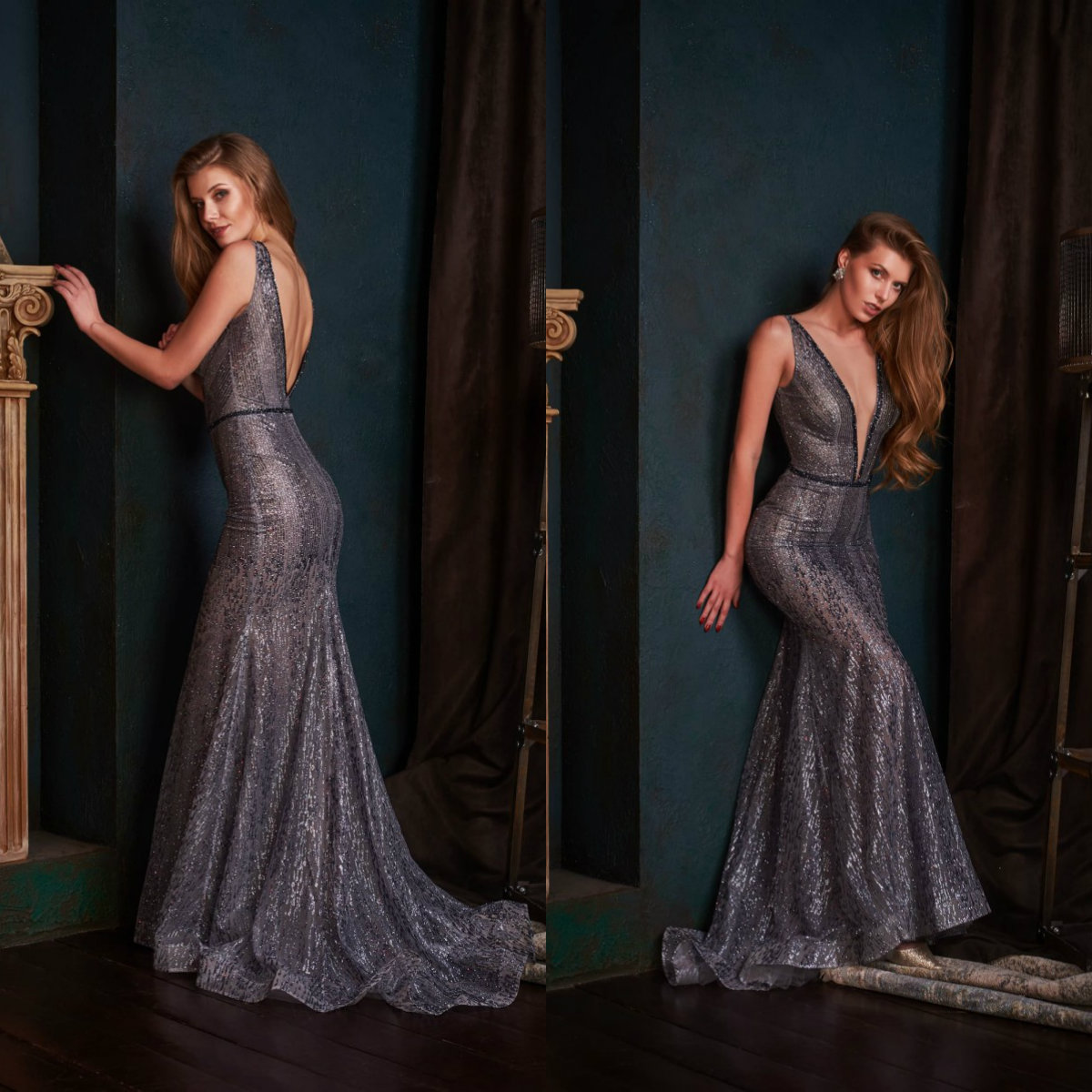 v neck mermaid evening dresses jewel sleeveless sequins sweep train evening gown sexy backless custom made formal party gown
