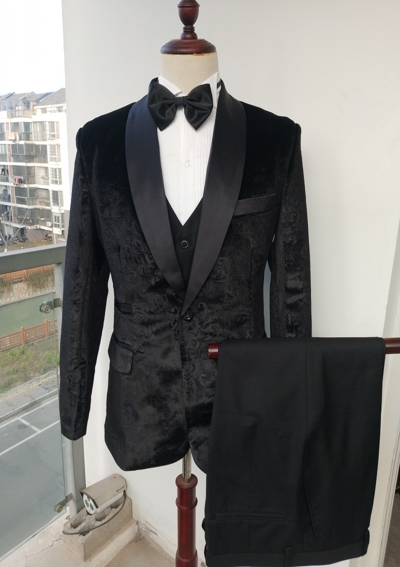 New Flannel With Pattern Groom Tuxedos Shawl Lapel Men Business Suits Wedding Prom Dinner 3 Piece Thick Blazer (Jacket+Pants+Vest+BowTie) W518