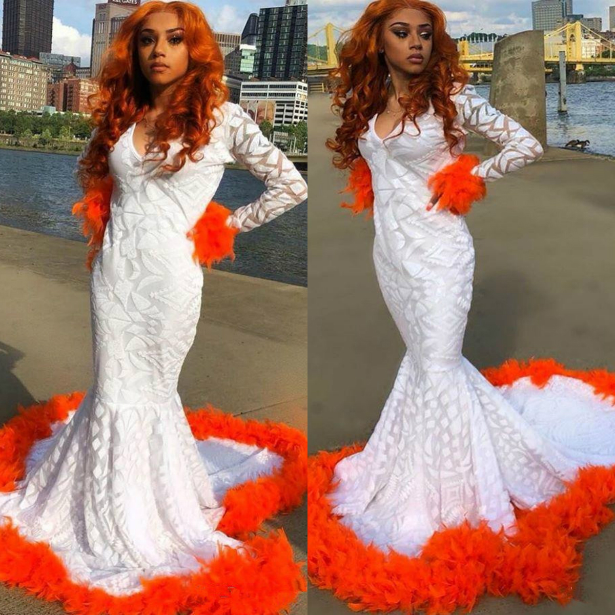 White Mermaid Prom Dresses 2020 Sequined Sexy Feather Long Sleeve Evening Gowns Black Girls African Party Dress robe de soiree