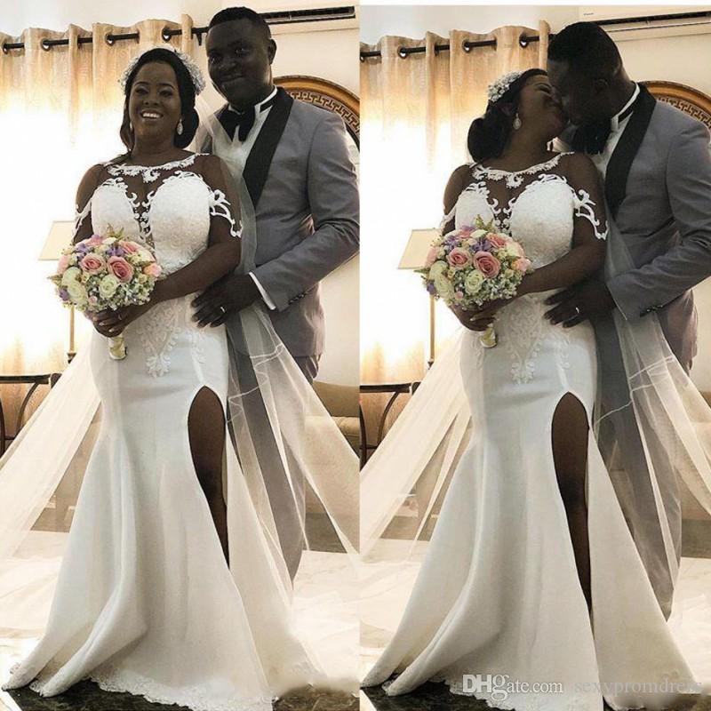 african mermaid wedding dresses sheer neck lace bridal gowns front split illusion plus size wedding dress custom