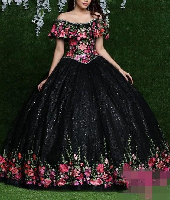 2020 Floral Quinceanera Dresses Embroidery Off the Shoulder Beaded Ruffles Custom Made Prom Ball Gown Sweet 16 Formal Occasion Wear