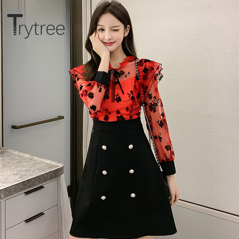 Trytree Spring Autumn Women Two Piece Set Casual Ruffles Patchwork Lace Tops + Skirt Mini Solid Black Fashion Set 2 Piece, Red 
Trytree Spring Autumn Women Two Piece Set Casual Ruffles Patchwork Lace Tops + Skirt Mini Solid Black Fashion Set 2 Piece, Red