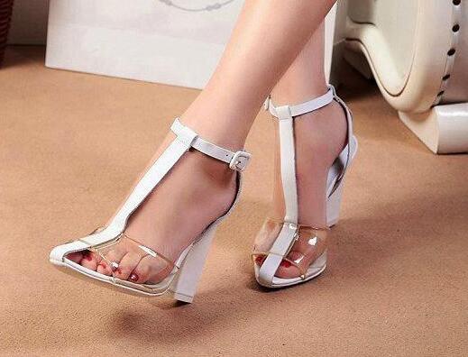 Hot Sale-PVC Sandals Women T-strap Block High Heels Gladiator Ankle Strap Sandles Runway Show Shoes Women Summer