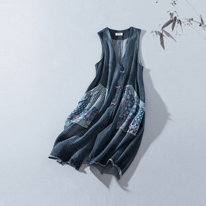 Retro Striped Denim Patchwork Long Vest Spring New Mid-length Sleeveless Denim Jacket Tops Ethnic Style Casual Waistcoat f2615, Dark gray
Retro Striped Denim Patchwork Long Vest Spring New Mid-length Sleeveless Denim Jacket Tops Ethnic Style Casual Waistcoat f2615, Dark gray