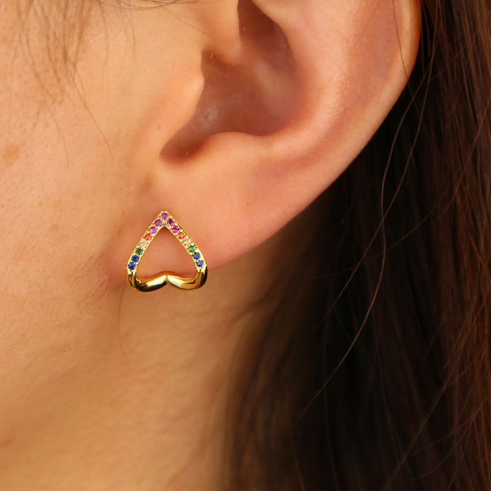 2024 valentine's gift heart stud earring micro pave rainbow colorful cubic zirconia fashion hollow heart design jewelry