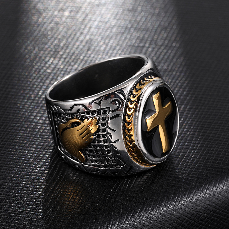 Stainless Steel Cross Pattern Casting Rings Praying Hands Together Hip Hop Men's Finger Ring Christian Jewelry