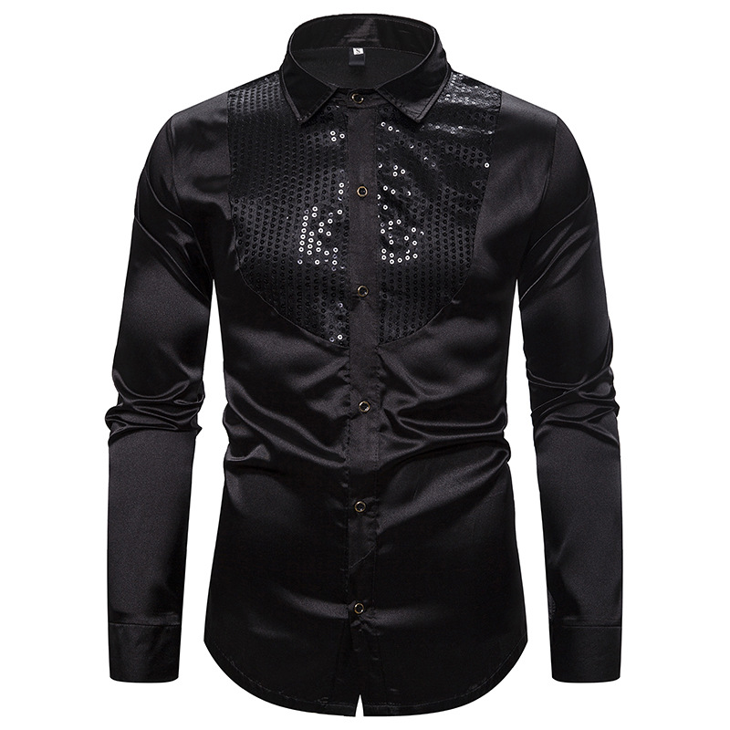 Fashion Men's Sequins Shirts 2020 Brand New Slim Fit Long Silk Shirt Men Nightclub Disco Dance Party Stage Prom Custume Chemise