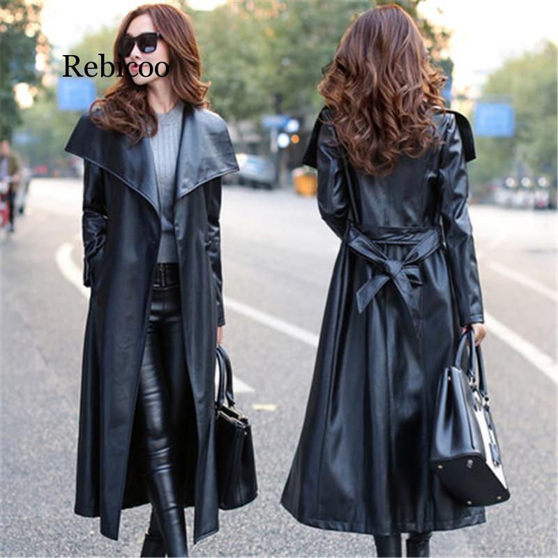 Women Leather Long Trench Coats Female Autumn Winter Fashion Windproof Waterproof Plus Size Brand PU Leather Windbreaker, Black 
Women Leather Long Trench Coats Female Autumn Winter Fashion Windproof Waterproof Plus Size Brand PU Leather Windbreaker, Black