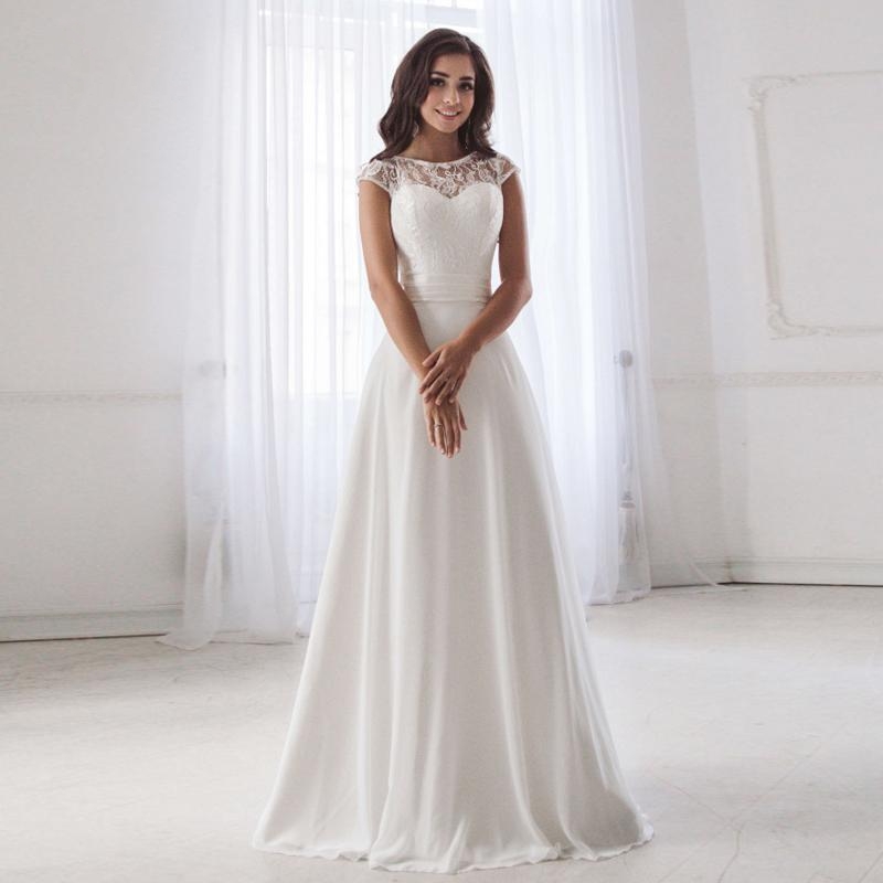 Cheap Scoop Neck Lace Wedding Dress 2020 Sleeveless Pleats Belt Chiffon Beach Wedding Dresses Robe De Soiree Open Back Casamento