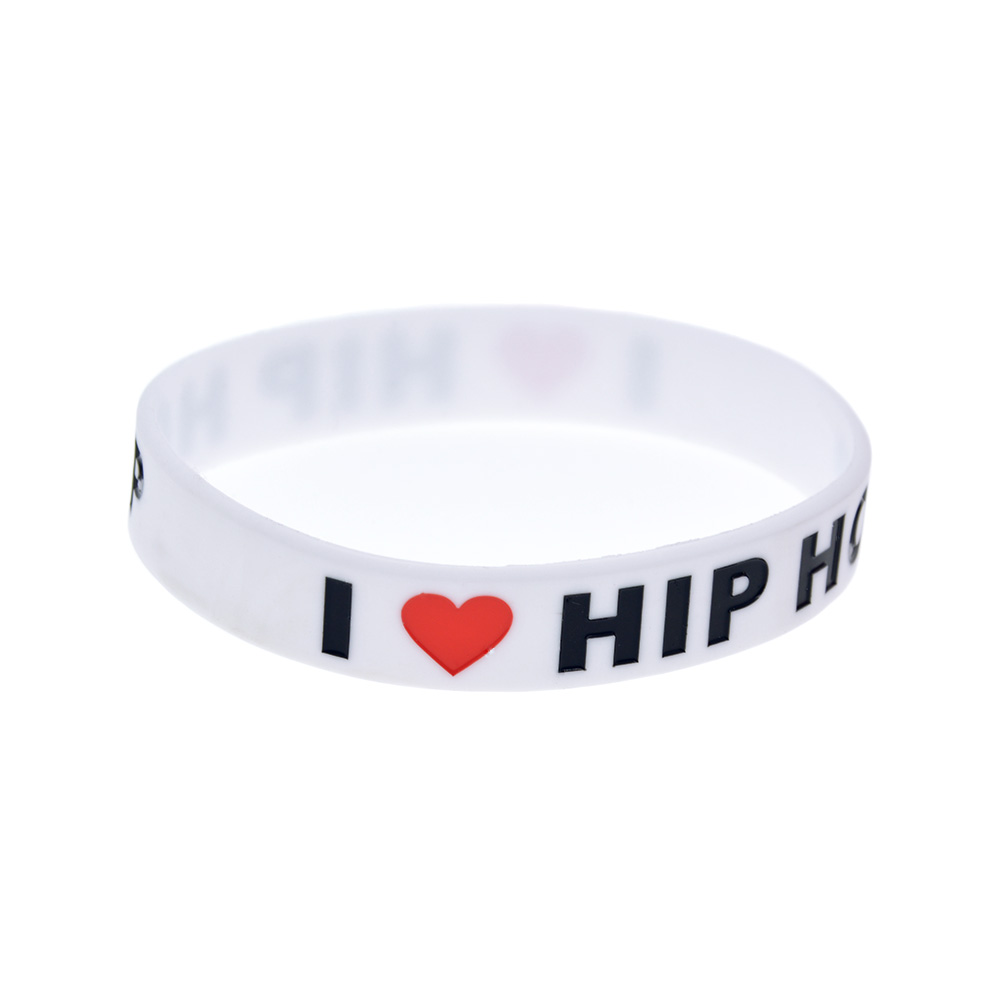 100PCS I Love Hip Hop Silicone Rubber Bracelet Ink Filled Logo Black and White for Music Fans