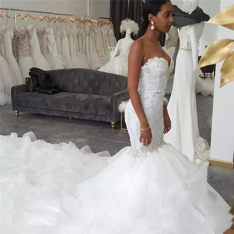 Sweetheart Lace Mermaid Wedding Dresses with Ruffles Chapel Train 2020 Crystal vestidos de novia Custom Made Bridal Wedding Gowns