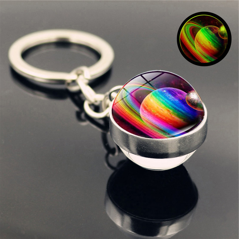 Glow In The Dark Solar System Planet Keyring Galaxy Nebula Luminous Keychain Moon Earth Sun Double Side Glass Ball Key Chain