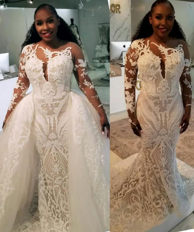 plus size mermaid lace wedding dresses with detachable train long sleeve vintage robes de marie bridal gowns