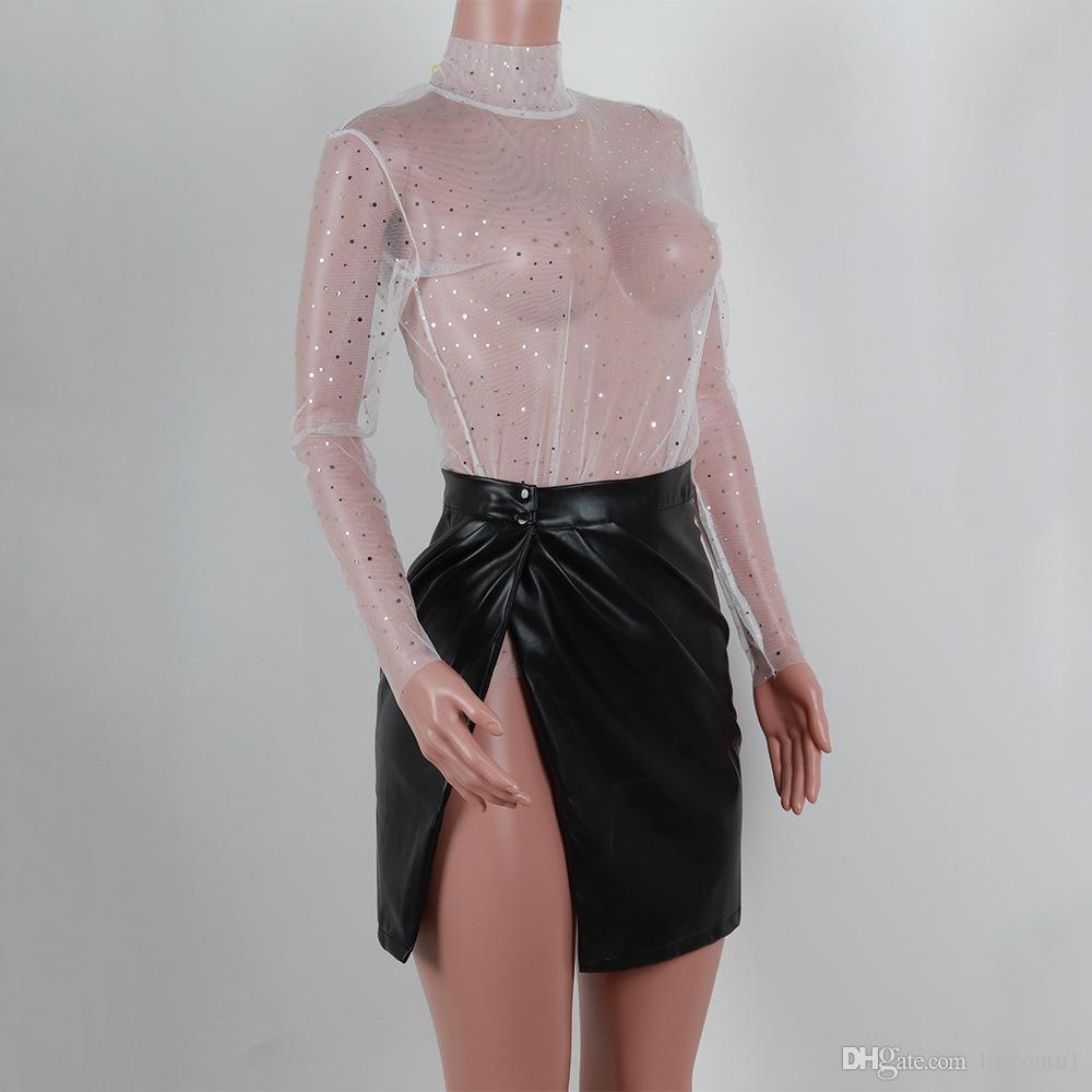 2020 Sexy Women Sheer Mesh Transparent Blouse Long Sleeve Mesh Nightclub Clothing Tops See-through Shirt Blouses T-shirt