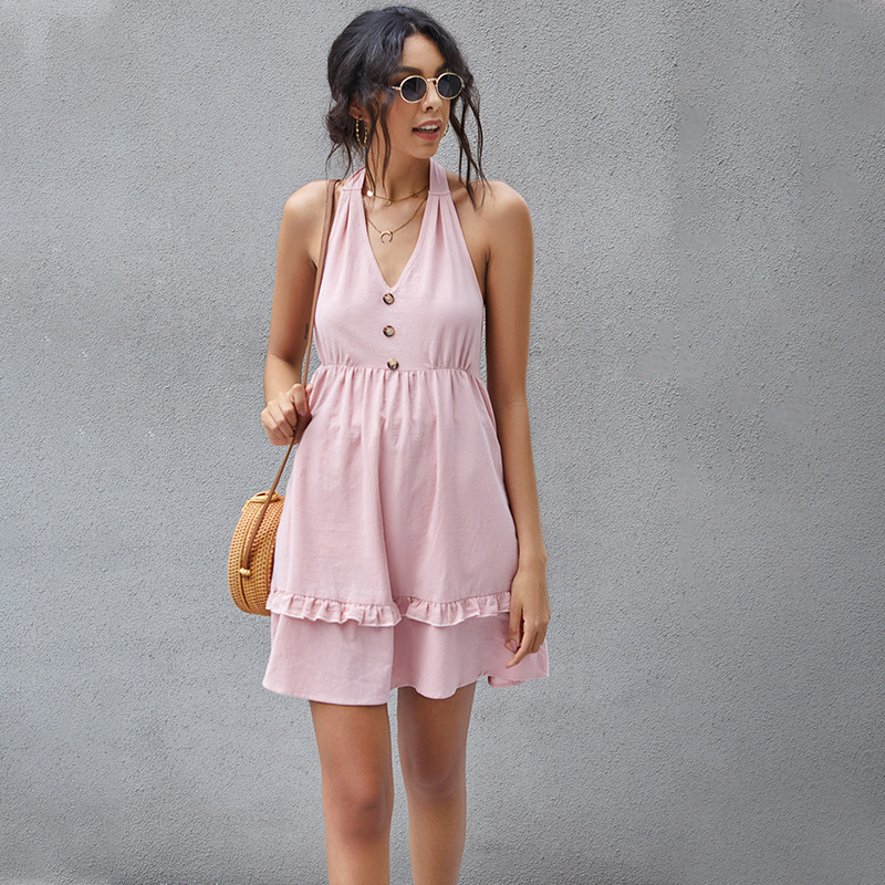and the United States cross border popular Amazon single breasted agaric strap sexy backless dress in summer 2020, Pink
and the United States cross border popular Amazon single breasted agaric strap sexy backless dress in summer 2020, Pink