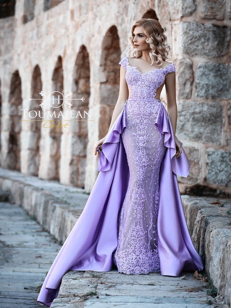 Light Purple Prom Dresses With Detachable Overskirts Sweep Train V Neck Satin Lace Evening Dress Sexy Backless Appliques Formal Occasion