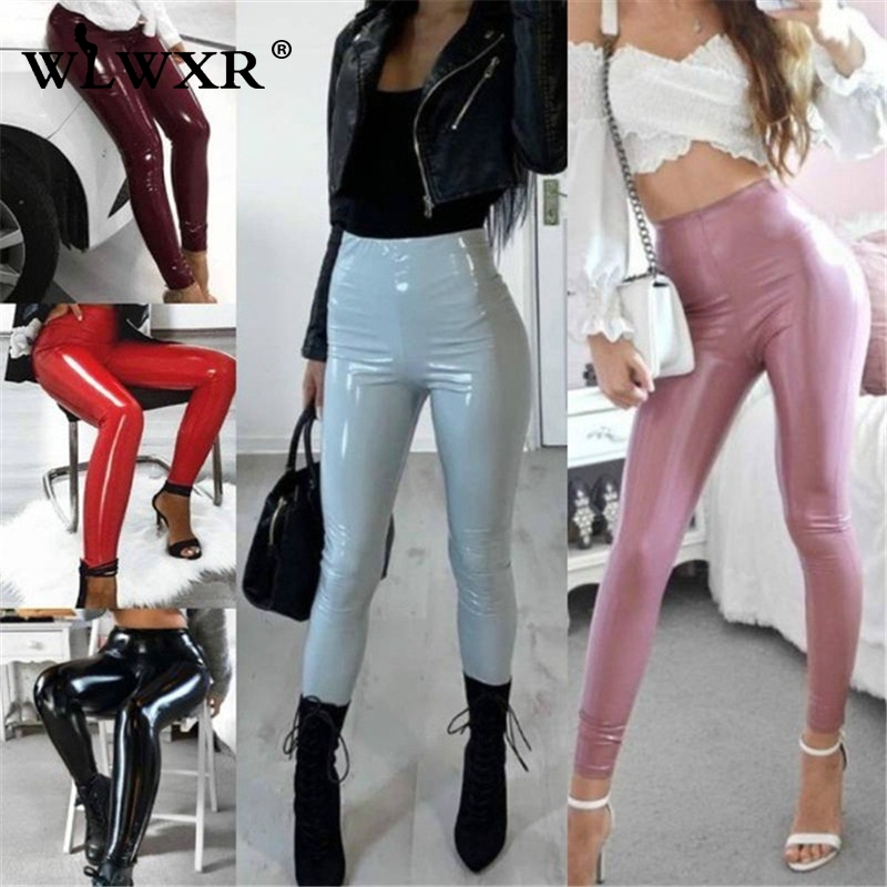 WLWXR Autumn Winter Pu Leather Pants Women Ladies Trousers 2019 High Waist Skinny Pants Female Black Pink Red Sexy Bodycon