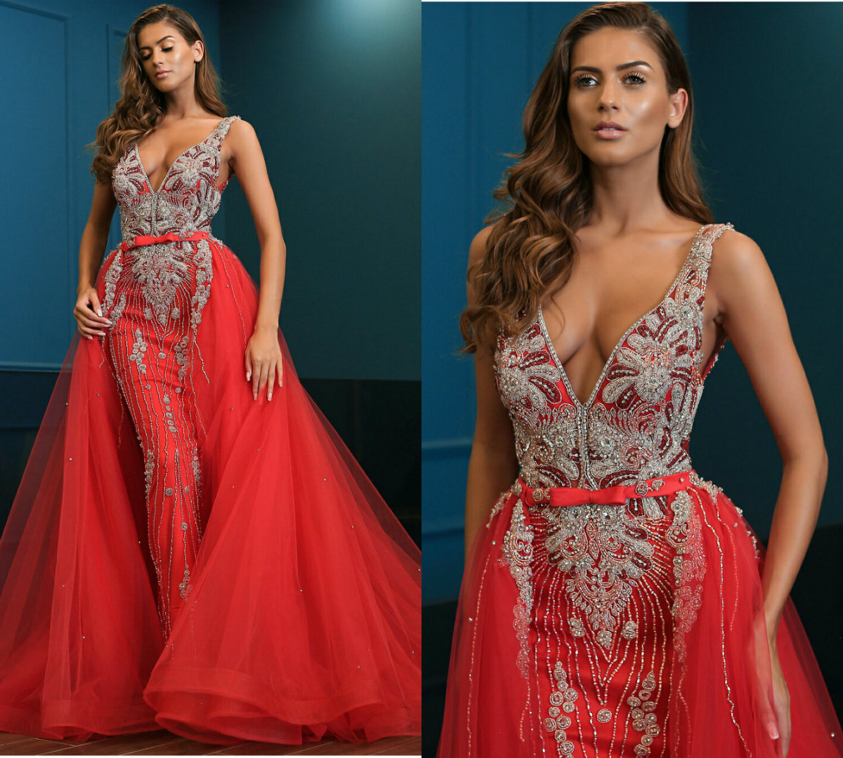 2019 Gorgeous Crystal Beaded Prom Dresses With Detachable Train V Neck Sweep Train Tulle Mermaid Evening Gowns Gorgeous Party Dress Formal