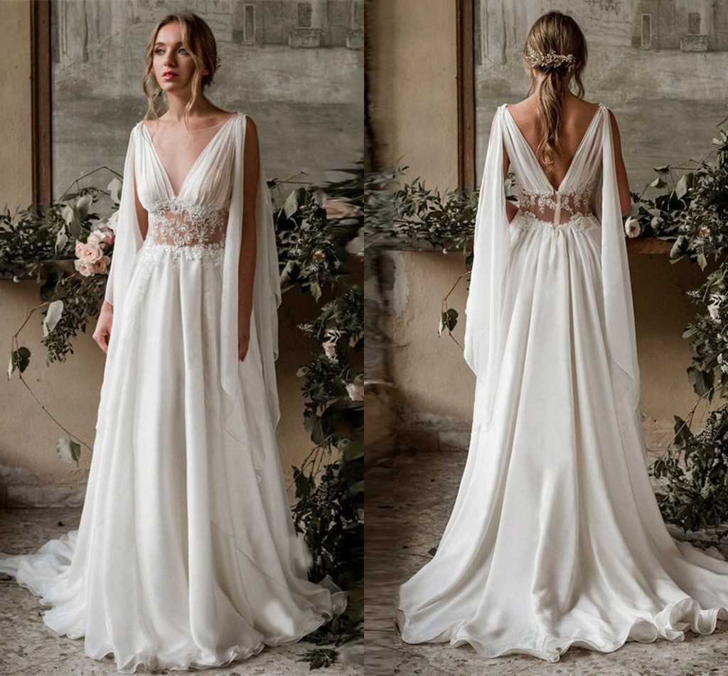 Sexy Deep V neck See Through Waist Wedding Dress Applique Beaded Flowing Shawl Chiffon Ruched Wedding Dresses Bridal Gowns, Hunter
Sexy Deep V neck See Through Waist Wedding Dress Applique Beaded Flowing Shawl Chiffon Ruched Wedding Dresses Bridal Gowns, Hunter