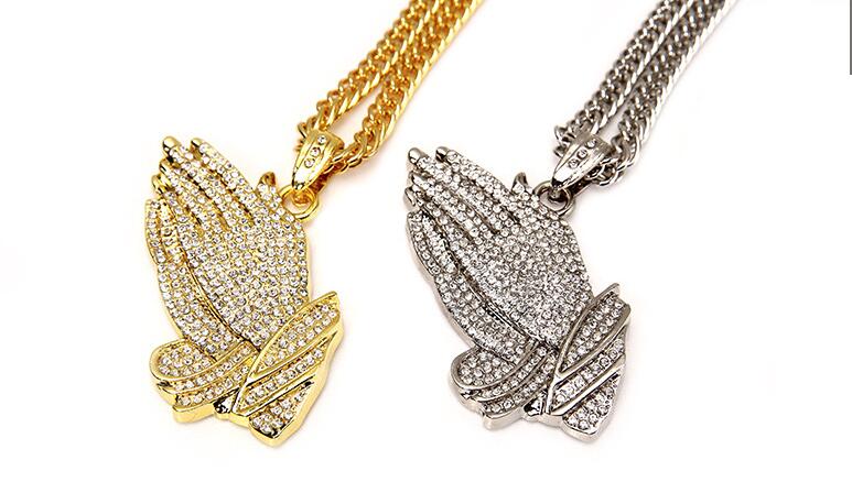 New Silver Praying Hands Hiphop Bling Necklace Mens 18k Gold Religous Jewlry Iced Out Prayer Jesus Women Men Gift Plating WL017