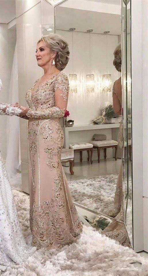Luxury Mother Of The Bride Dresses Long Sleeves Crystal Beaded Mermaid Lace Applique Plus Size Party Evening Wear Wedding Guest Gowns