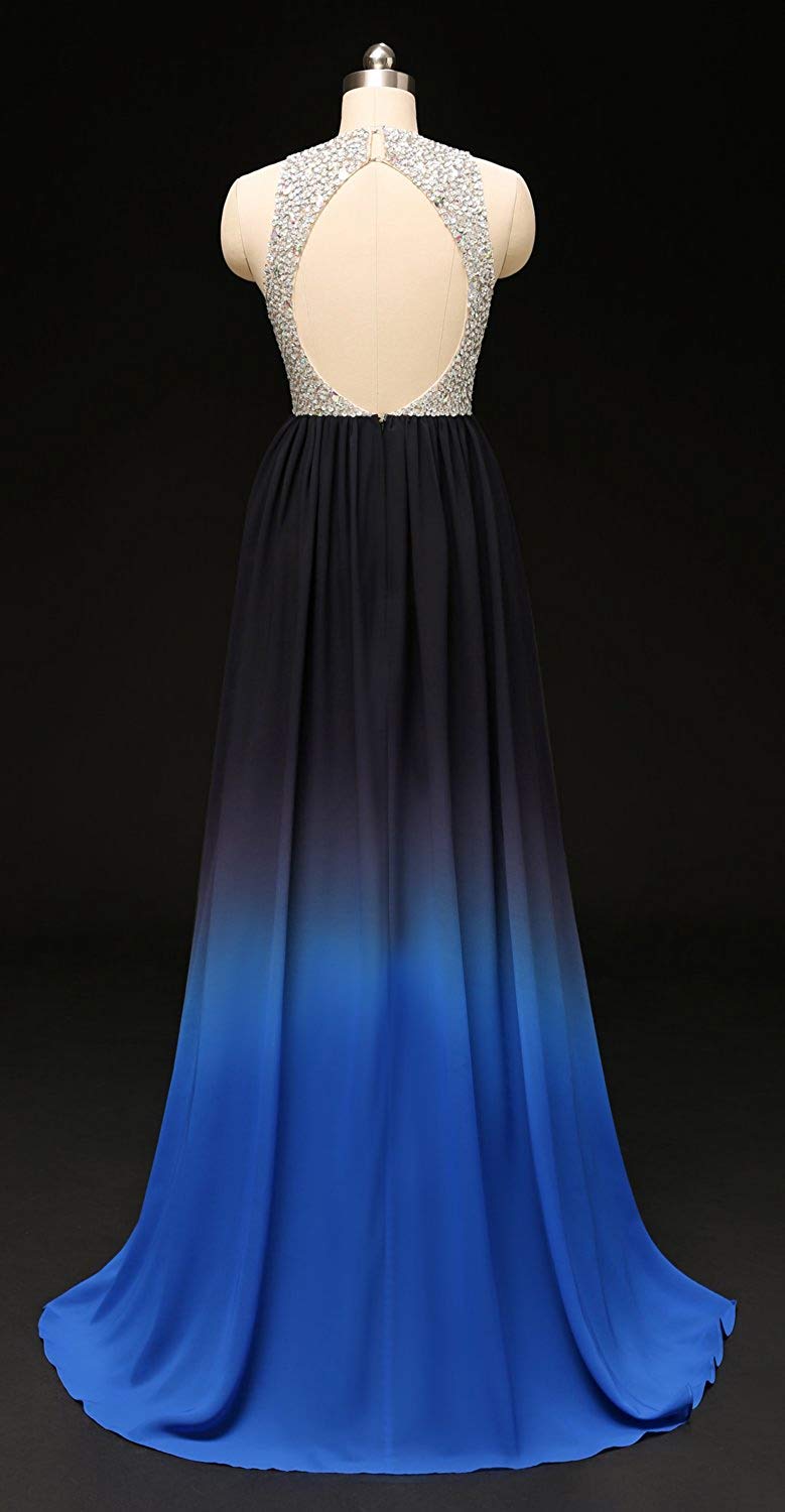 New Sexy 2019 Real Halter Crystals Beads Long Gradient Prom Dresses Chiffon Backless Plus Size Ombre Cocktail Evening Party Gown QC1319