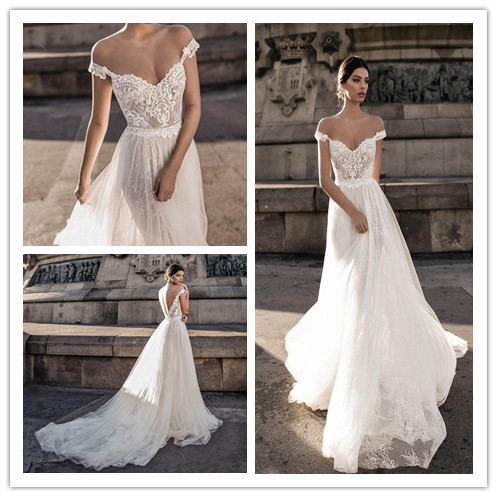Babyonline Hot Sell 2019 Sheer Bohemian Wedding Dresses Off the Shoulder Lace Tulle Sweep Train Backless Bridal Gowns, Ivory
Babyonline Hot Sell 2019 Sheer Bohemian Wedding Dresses Off the Shoulder Lace Tulle Sweep Train Backless Bridal Gowns, Ivory