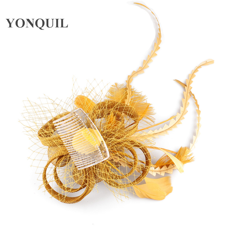 Vintage Gold sinamay base fascinator headwear occasion red bridal veils hair accessories feather millinery cocktail hat MYQ010
