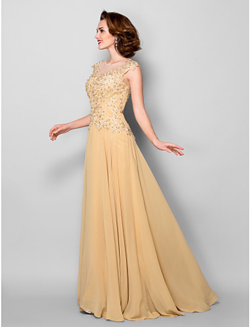 Elegant Gold Mother of the Bride Dresses A Line Lace Beaded Plus Size Chiffon Floor Length Zipper Back Mother's Dress Formal Prom Dresses