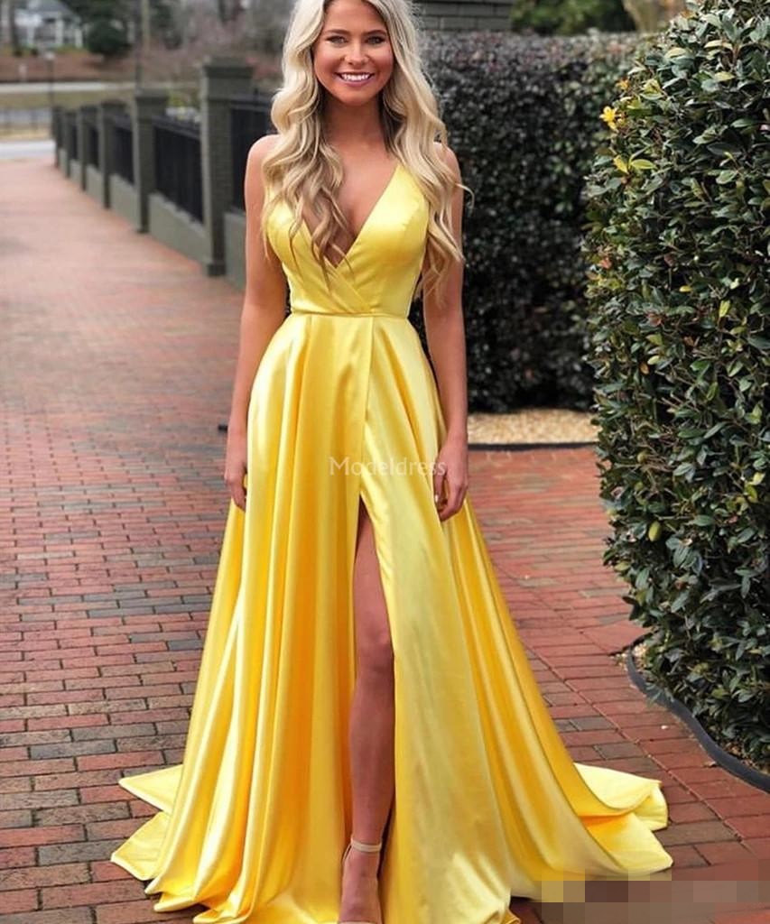 Prom Bright Yellow Dresses Satin Deep V Neck Sexy Front High Slit Split Straps Custom Made Formal Evening Party Gowns 6660305