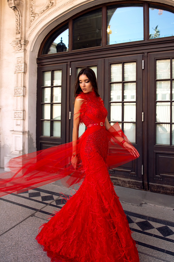 Oksana Mukha Red Prom Dresses Floor Length Lace Applique Beaded Mermaid Evening Dress with High Collar Feathers Formal Party Dresses