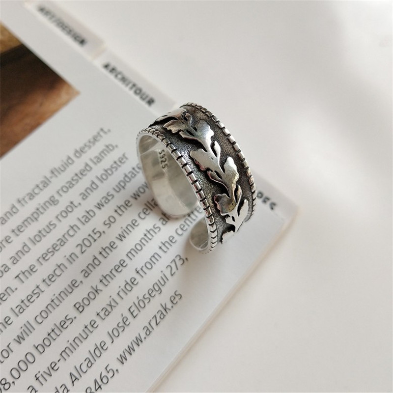 New Vintage Style 925 Sterling Silver Leaf Open Rings For Women Retro Wide Open Statement Ring Fine Jewelry