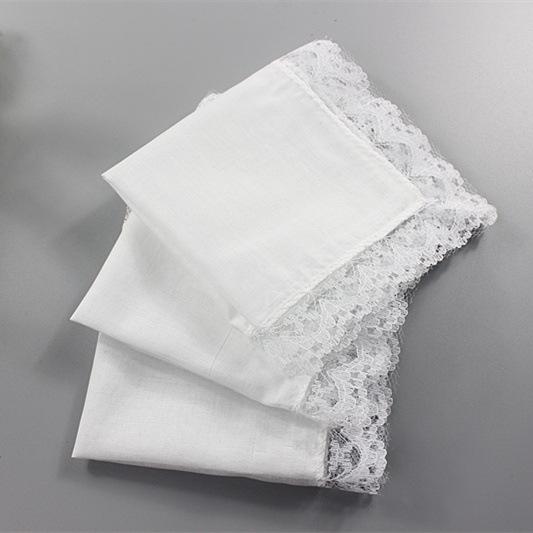 12PCS 23 * 25CM Cotton Ladies Handkerchief Pure White Handkerchief Small Square with Lace