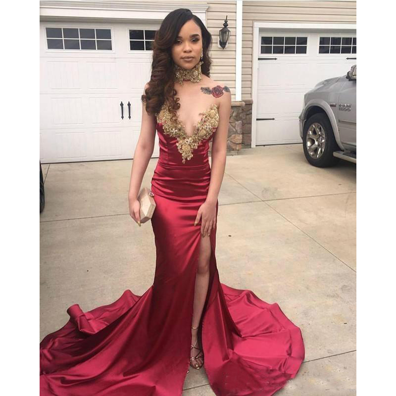 New black girls mermaid prom dresses Sexy High Slits Burgundy Sweep Train Slim Long Formal Evening Gowns Fashion 2019 african party dress