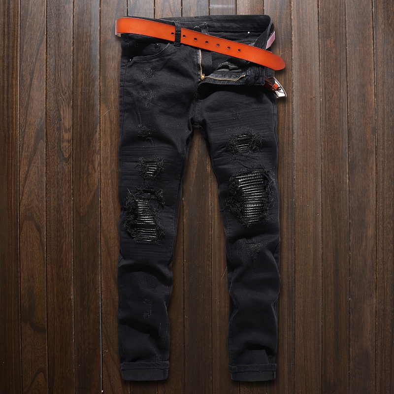 Men's Jeans Hem Zipper Stretch Knee Ripped Biker Men Hole Hip Hop Clothing Skinny Fashion Brand Pants Drop