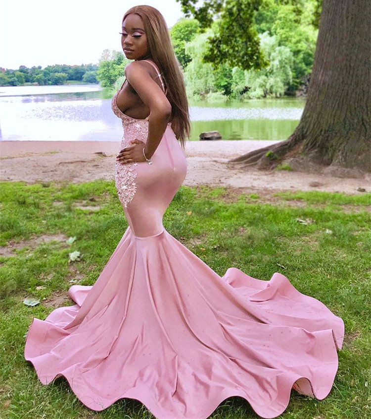 Sexy Sequins Spaghetti-Straps Pink Appliques Prom Dresses Mermaid Party Gowns robes de soiree