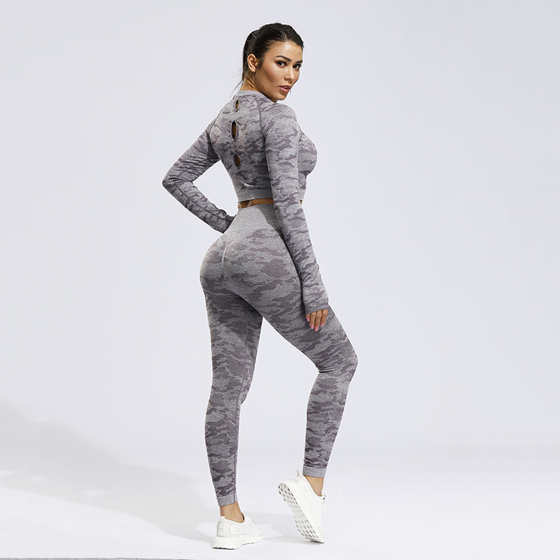 2PCS Camo Seamless Leggings Yoga Set Sportswear Women Fitness Clothing Booty Gym Leggings Long Sleeve Crop Top Sport Suit Workout Clothes MX200329