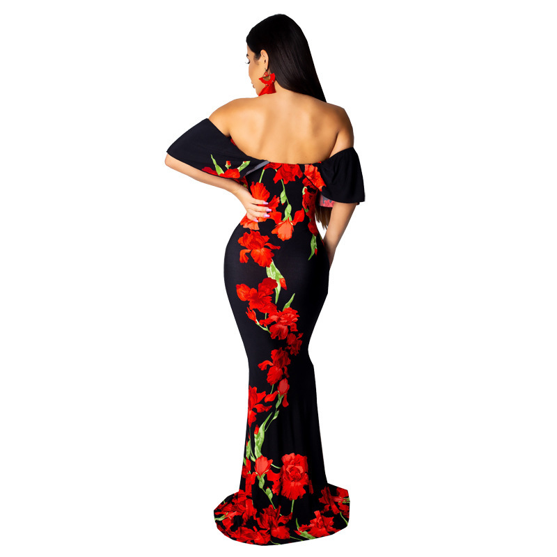 Floral Print Sexy Mermaid Long Dress Women Slash Neck Ruffles Sleeve Bandage Beach Dress Summer Off Shoulder Backless Boho Dress LY191116