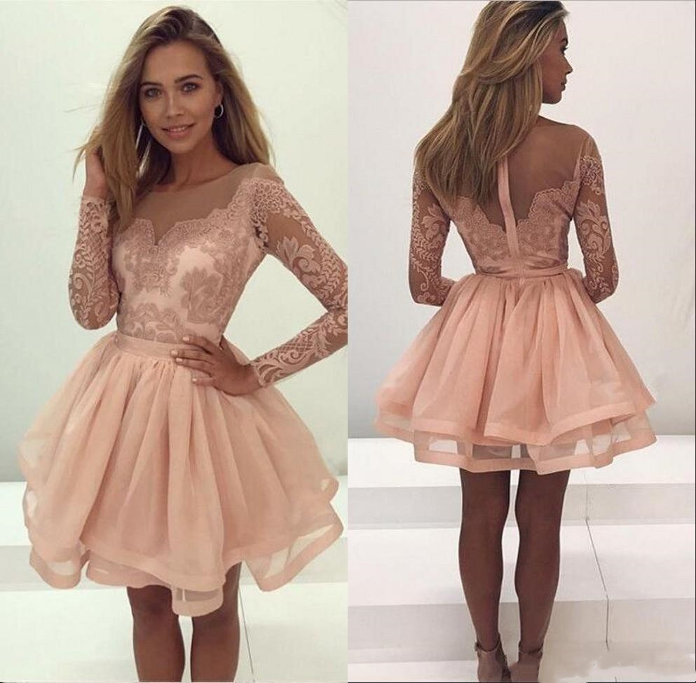 

New Coral Homecoming Cocktail Dresses Jewel Neck Long Sleeves Peach Lace Appliques Beaded Prom Dresses Party Dress Plus Size Gowns, Sage