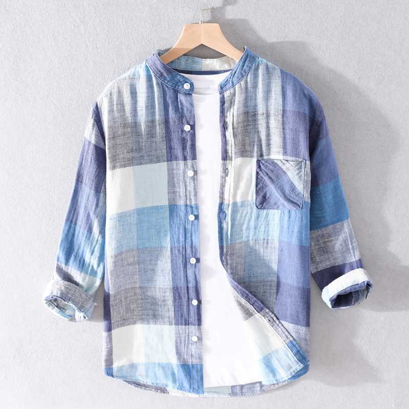 2020 Summer new three-quarter sleeve linen plaid shirts for men brand cotton shirt men stand collar casual shirt mens chemise, Blue
2020 Summer new three-quarter sleeve linen plaid shirts for men brand cotton shirt men stand collar casual shirt mens chemise, Blue