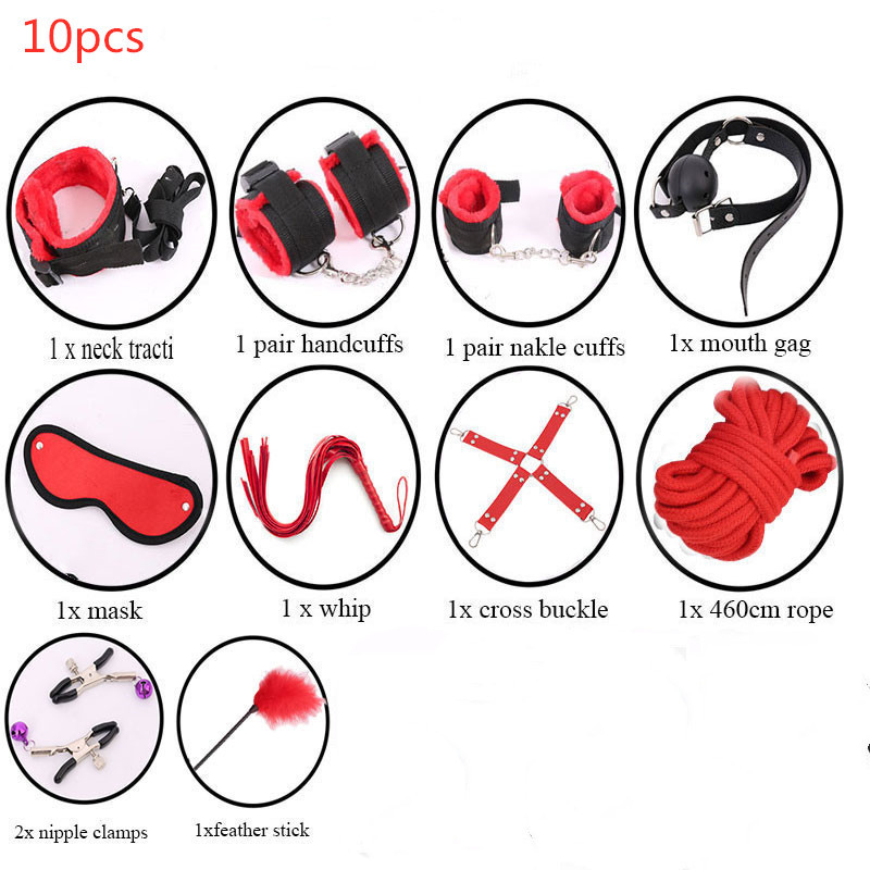 13 PCS /Set Bondage Restraints Nylon Plush BDSM Sex Handcuffs Whip Metal Anal Plug Erotic Sex Toys Stimulate sex toys for woman Y200421