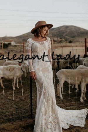 Bohemian Willow Lace Wedding Dresses 2020 Fashion Applique Backless Jewel Neck Country Boho Bride Wedding Gown with Long Sleeve