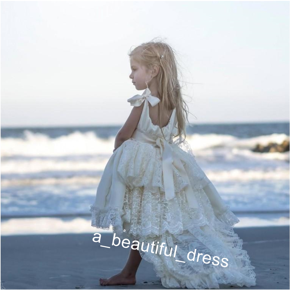 Cute White Lace High Low Girls Pageant Dresses Tiered Beads Ribbon Flower Girl Dresses For Wedding Ivory Kids Birthday Party Dresses FG1263